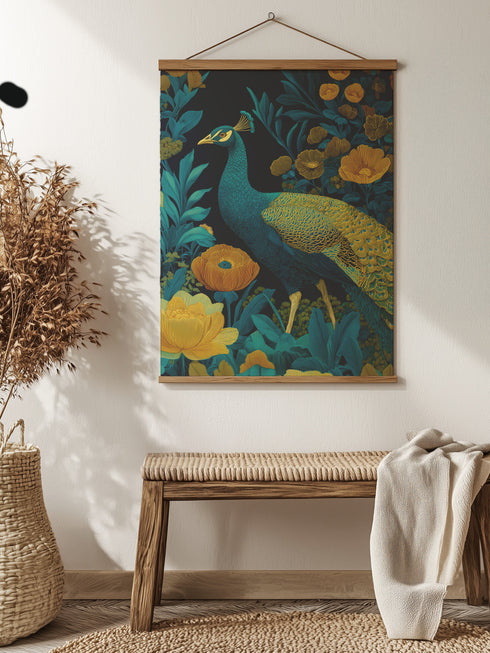 Vintage peacock botanical wall tapestry featuring majestic teal peacock with golden plumage amid lush emerald foliage and golden poppy flowers on dark charcoal background. Decorative wall hanging with wooden frame and twine hanger, perfect for boho, cottagecore, or dark academia home decor. Rich jewel tones create mystical woodland garden atmosphere in this nature-inspired art piece.